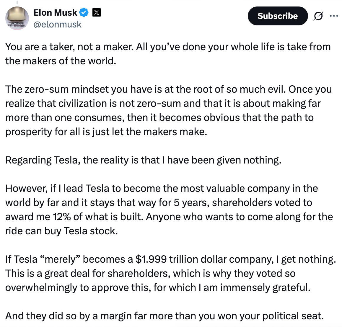 Summary of text: A person is criticized for taking credit for others' work. Tesla is noted for becoming a top company; shareholders disagree with the critic's view