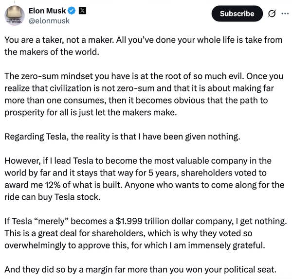 Summary of text: A person is criticized for taking credit for others' work. Tesla is noted for becoming a top company; shareholders disagree with the critic's view