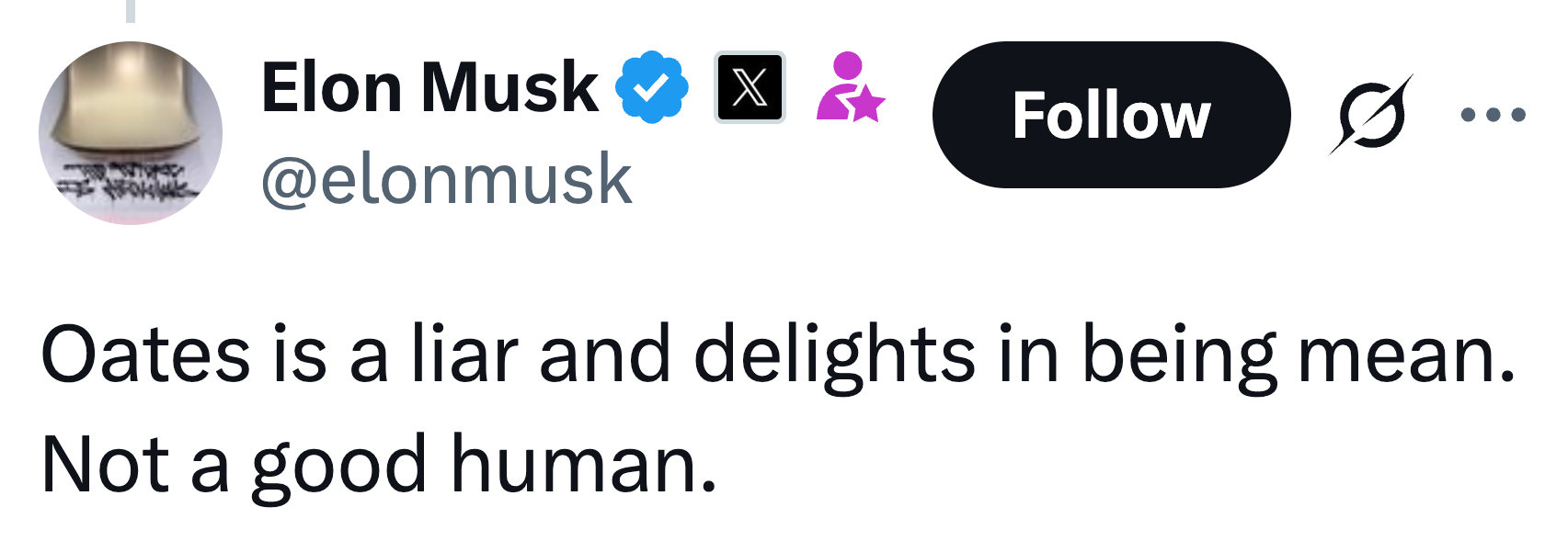 Tweet by Elon Musk criticizing someone named Oates, calling them a liar and not a good person