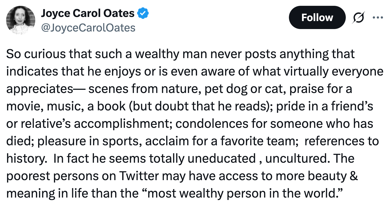 Summary of a tweet astir a affluent man's deficiency of appreciation for arts and empathy compared to little affluent individuals, highlighting taste deficiencies