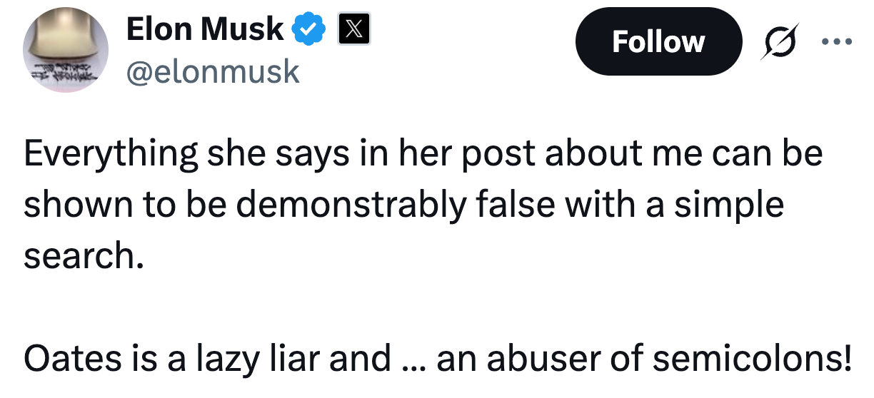 Tweet claiming a post about the author is false and criticizes the poster as a liar and abuser of semicolons