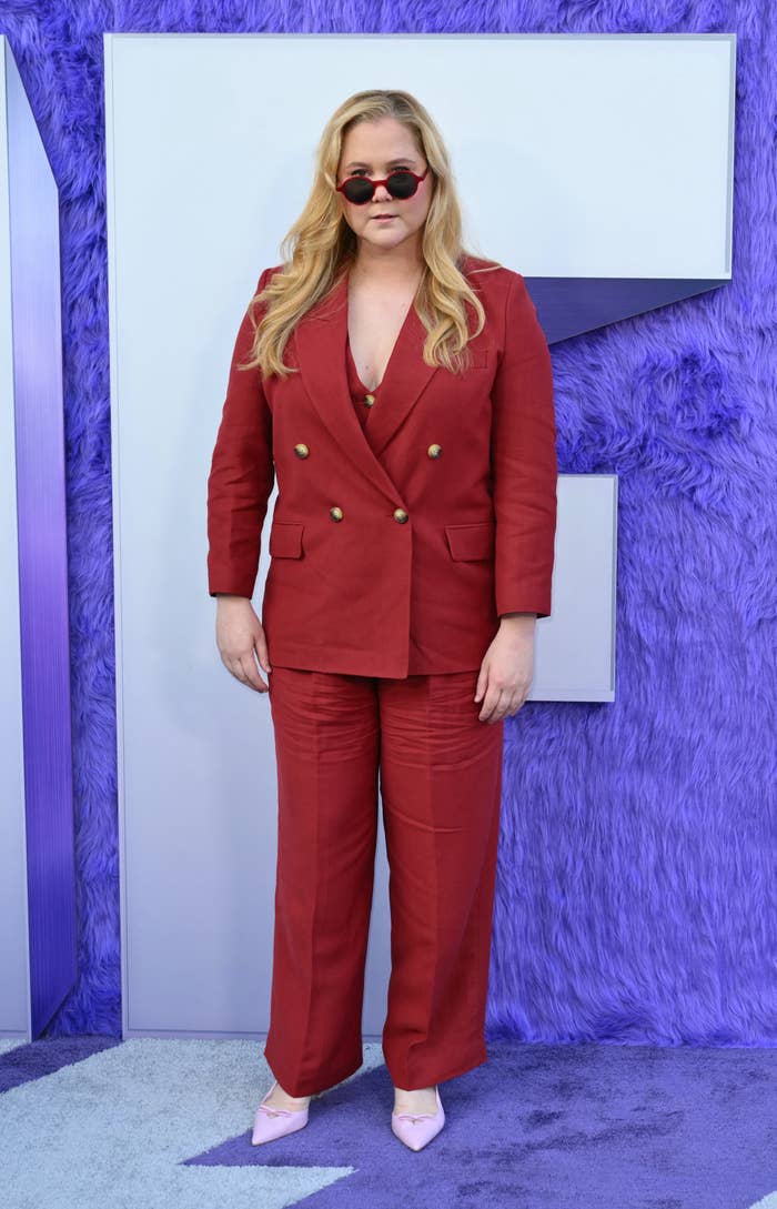 Amy Schumer successful  a tailored suit   with sunglasses stands connected  a textured carpet astatine  a media event