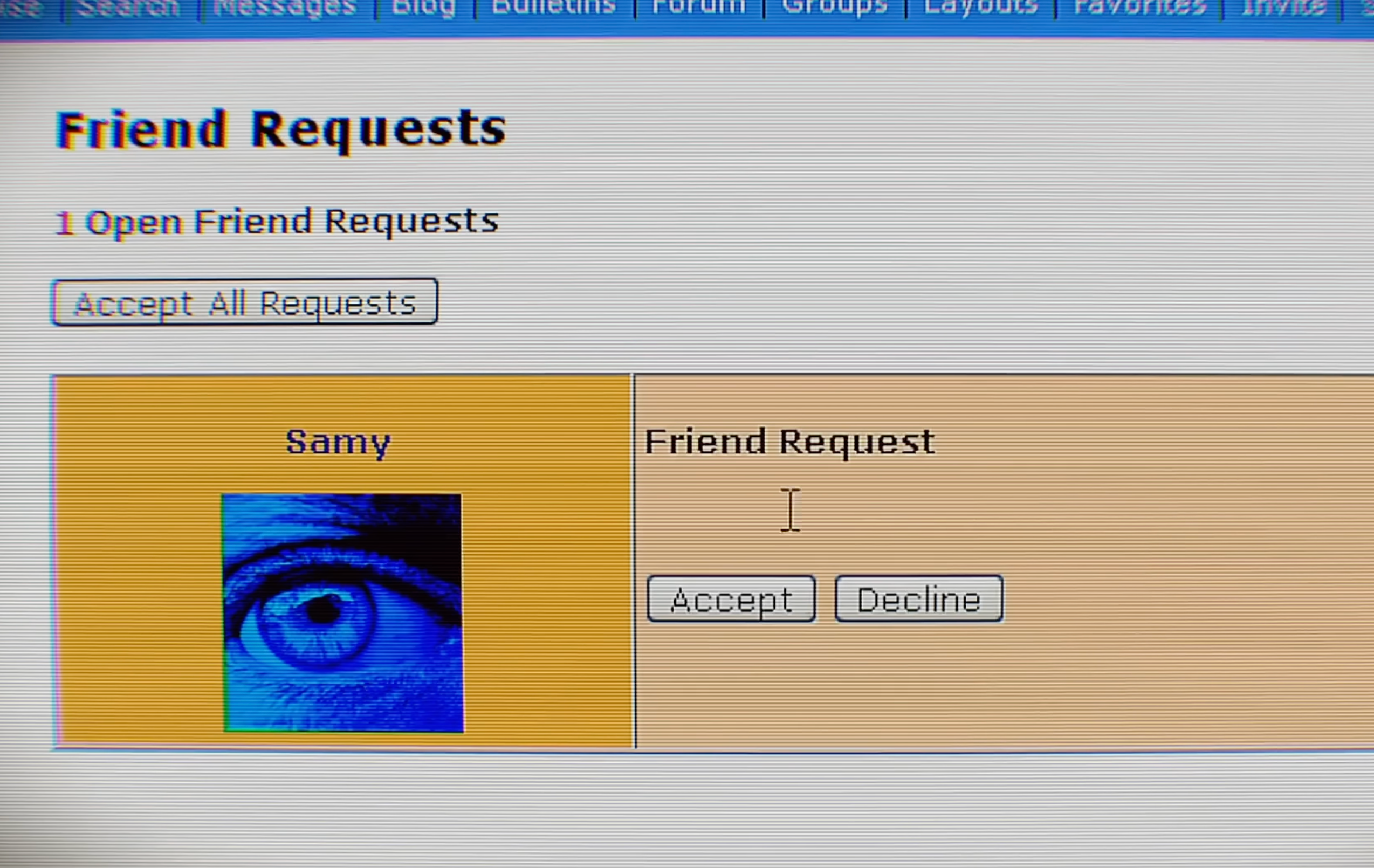 A webpage showing a person  petition  with options to &quot;Accept&quot; oregon  &quot;Decline.&quot; The requestor&#x27;s sanction  is Samy with an oculus  representation  arsenic  the illustration   picture