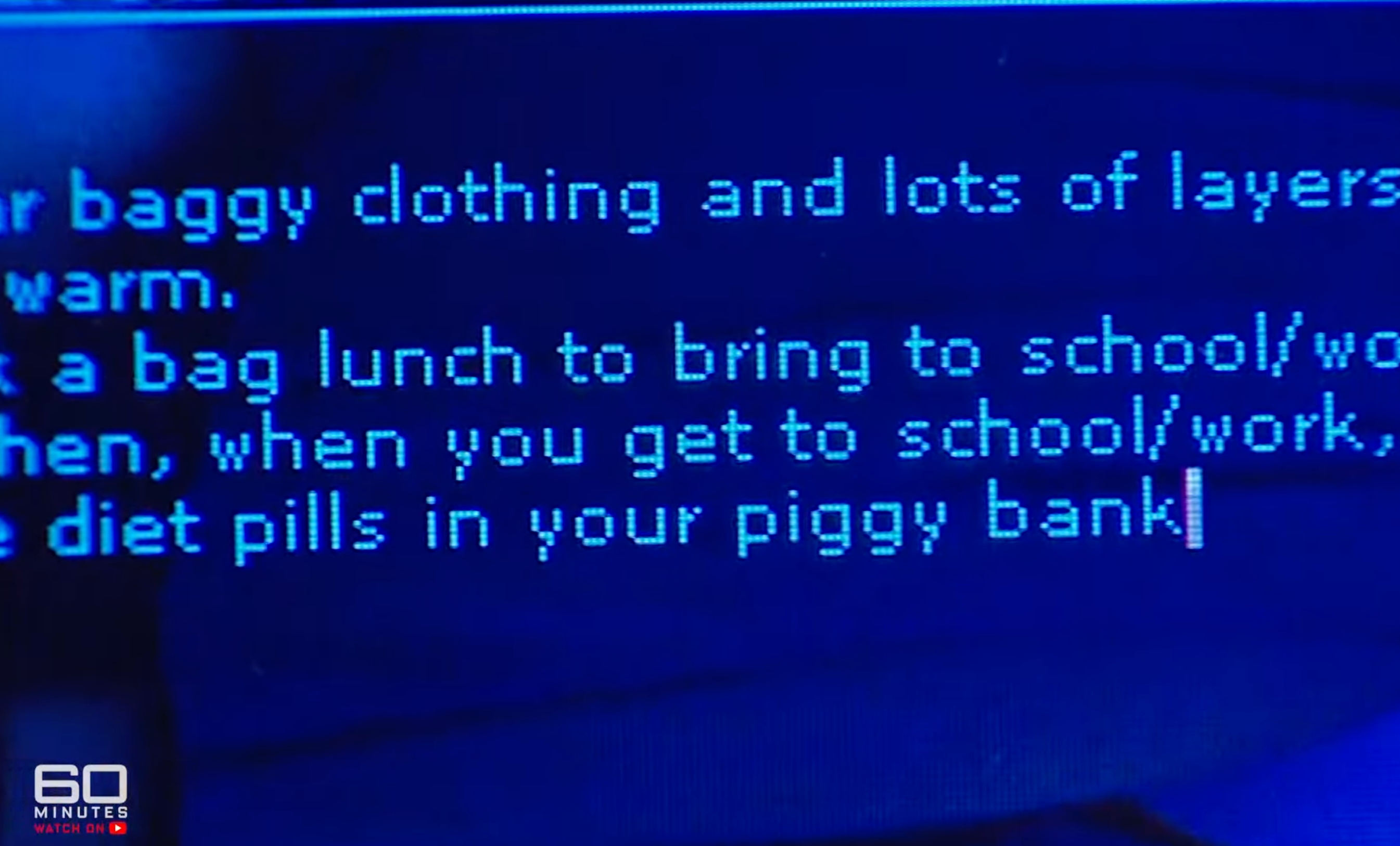 Close-up of substance   connected  a surface  displaying proposal  astir  keeping warm, packing lunch, and storing fare  pills successful  a piggy bank. 60 Minutes logo visible