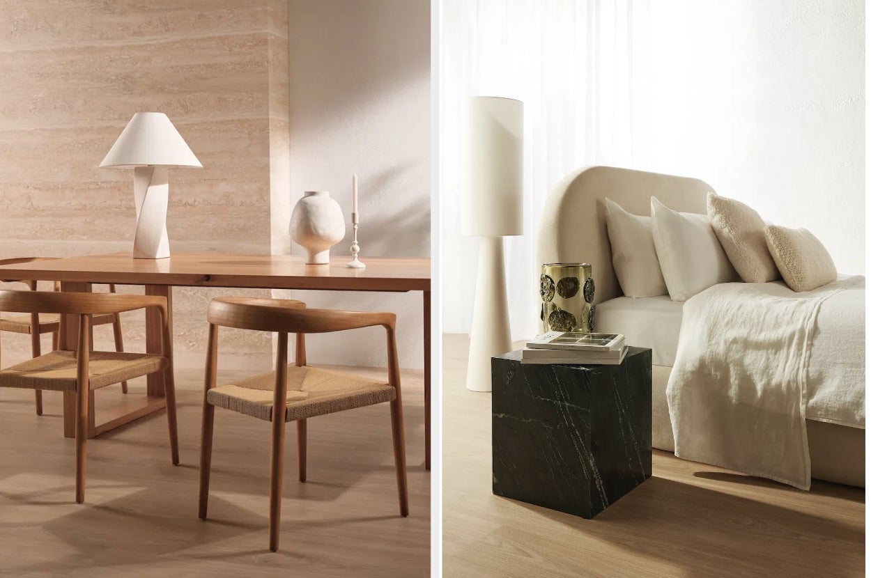 Minimalist dining and bedroom setups with wooden furniture and neutral-toned decor, featured in a shopping article for modern home interiors