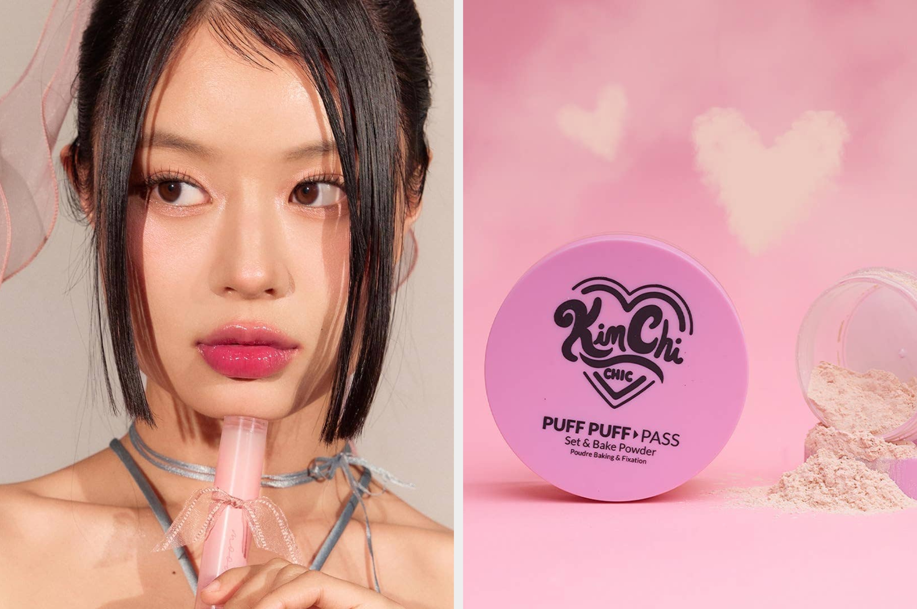 A person holds a facial device on left; close-up of hands with long pink nails on right.