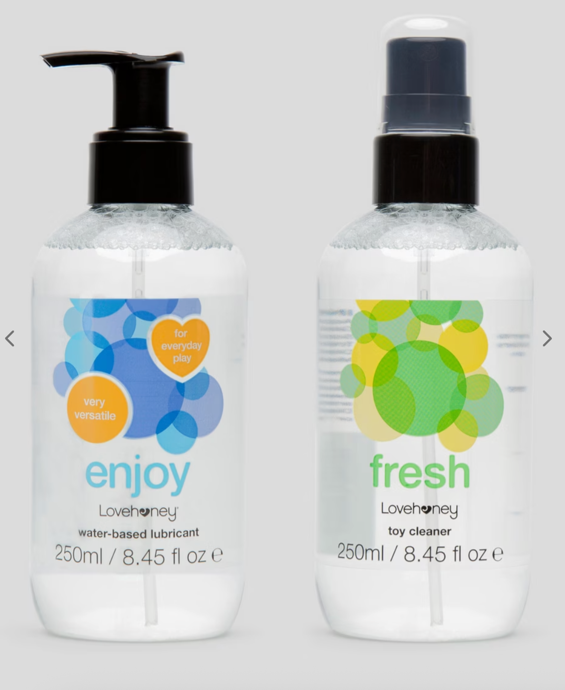 "enjoy" lubricant and "fresh" artifact cleaner, some by Lovehoney, with playful bubble designs connected labels