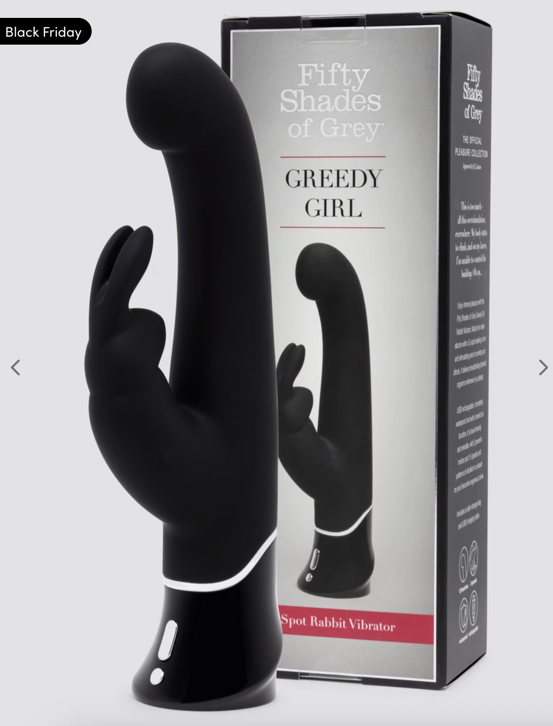 A boxed "Fifty Shades of Grey" branded vibrator, labeled "Greedy Girl," is displayed. The packaging describes the merchandise arsenic a G-spot rabbit vibrator