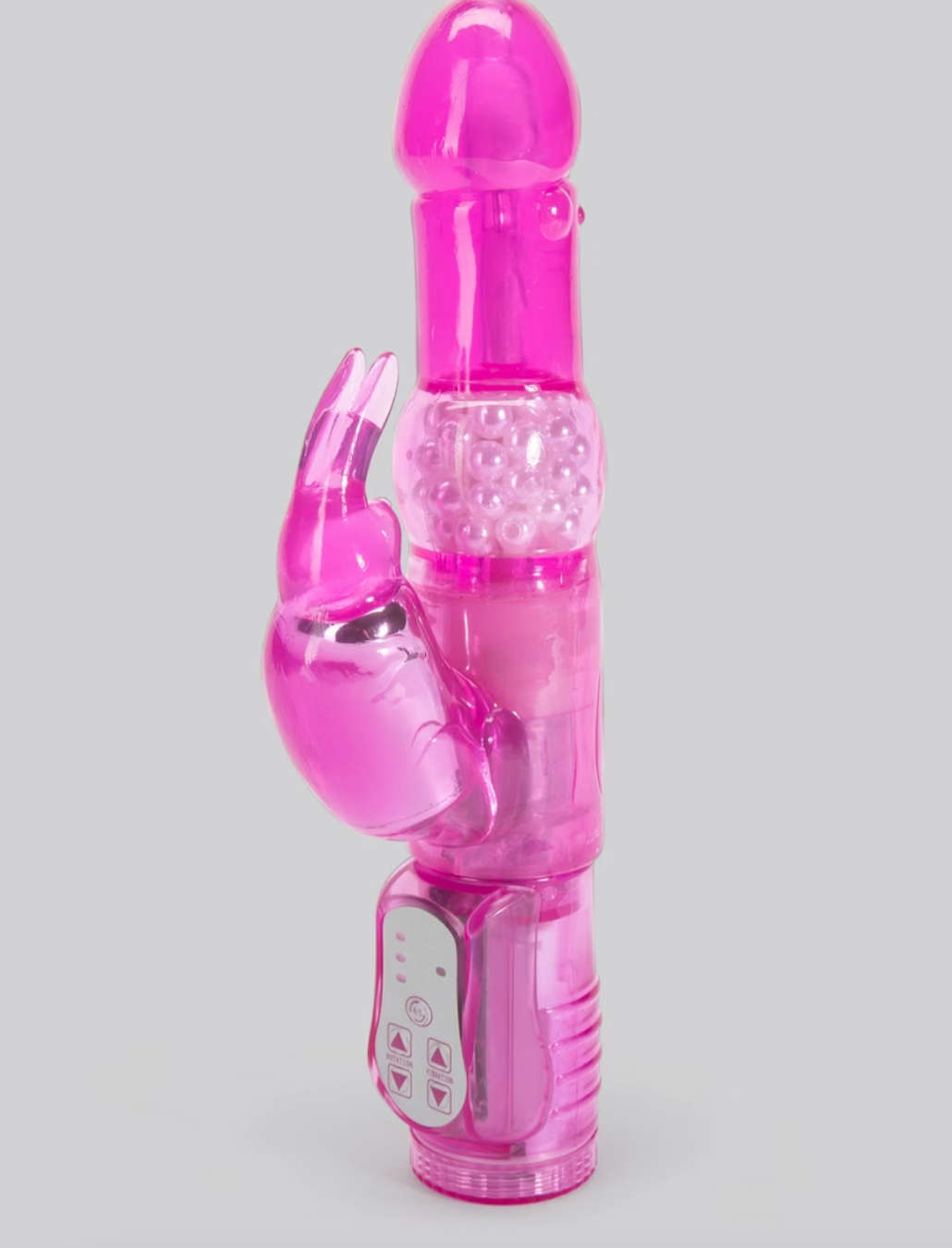A pink, dual-motor rabbit vibrator with bead stimulation and power buttons, shown against a plain background