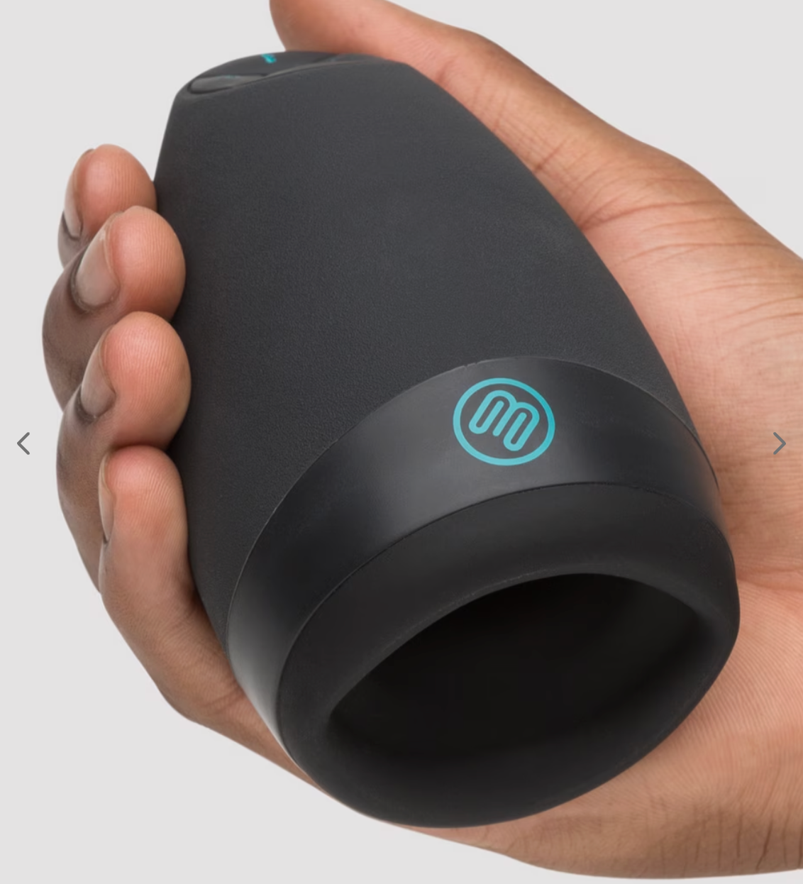 Hand holding a sleek, cylindrical instrumentality with a rounded opening and a bluish logo connected the side