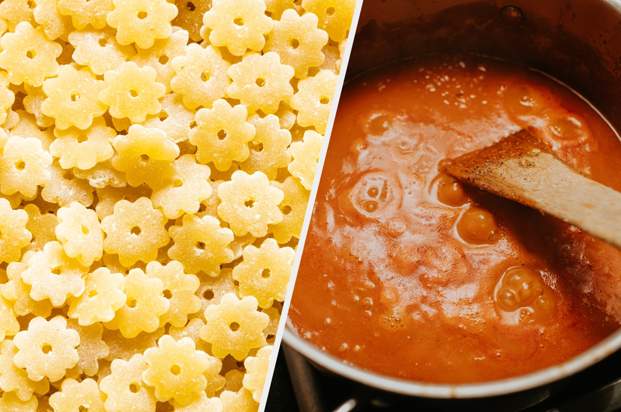 Flower-shaped pasta on the left, tomato sauce simmering in a pot with a wooden spoon on the right