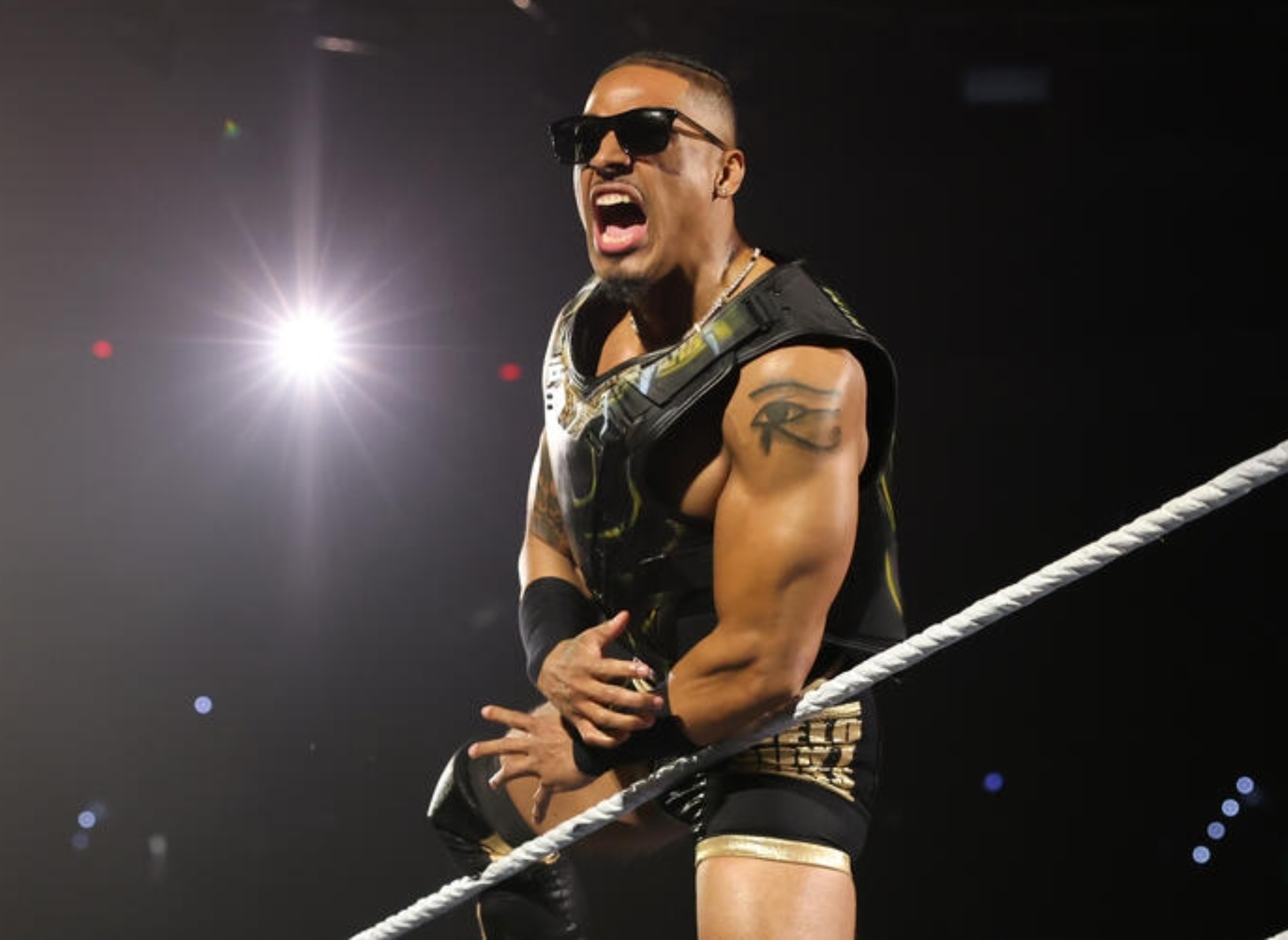 Wrestler in sunglasses and embellished gear energetically stands on ring ropes, engaging with the audience during a match
