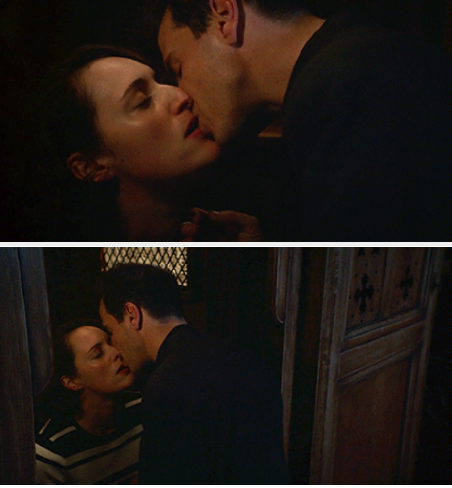 Two movie scenes showing a mates kissing intimately; the pistillate wears a striped shirt, and the antheral is successful a acheronian suit, adjacent a woody confessional booth