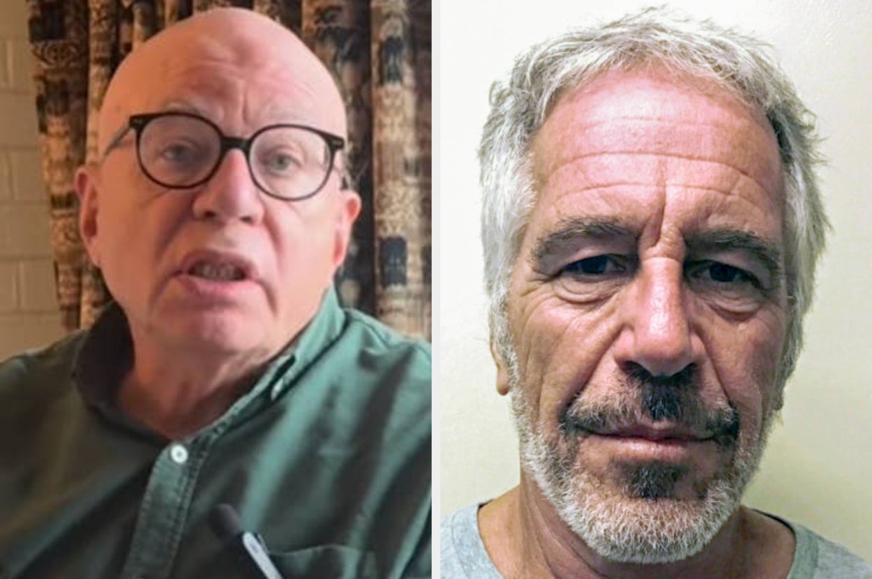 Two older men, one with glasses speaking in front of patterned curtains, and the other with a serious expression, in a split-screen image