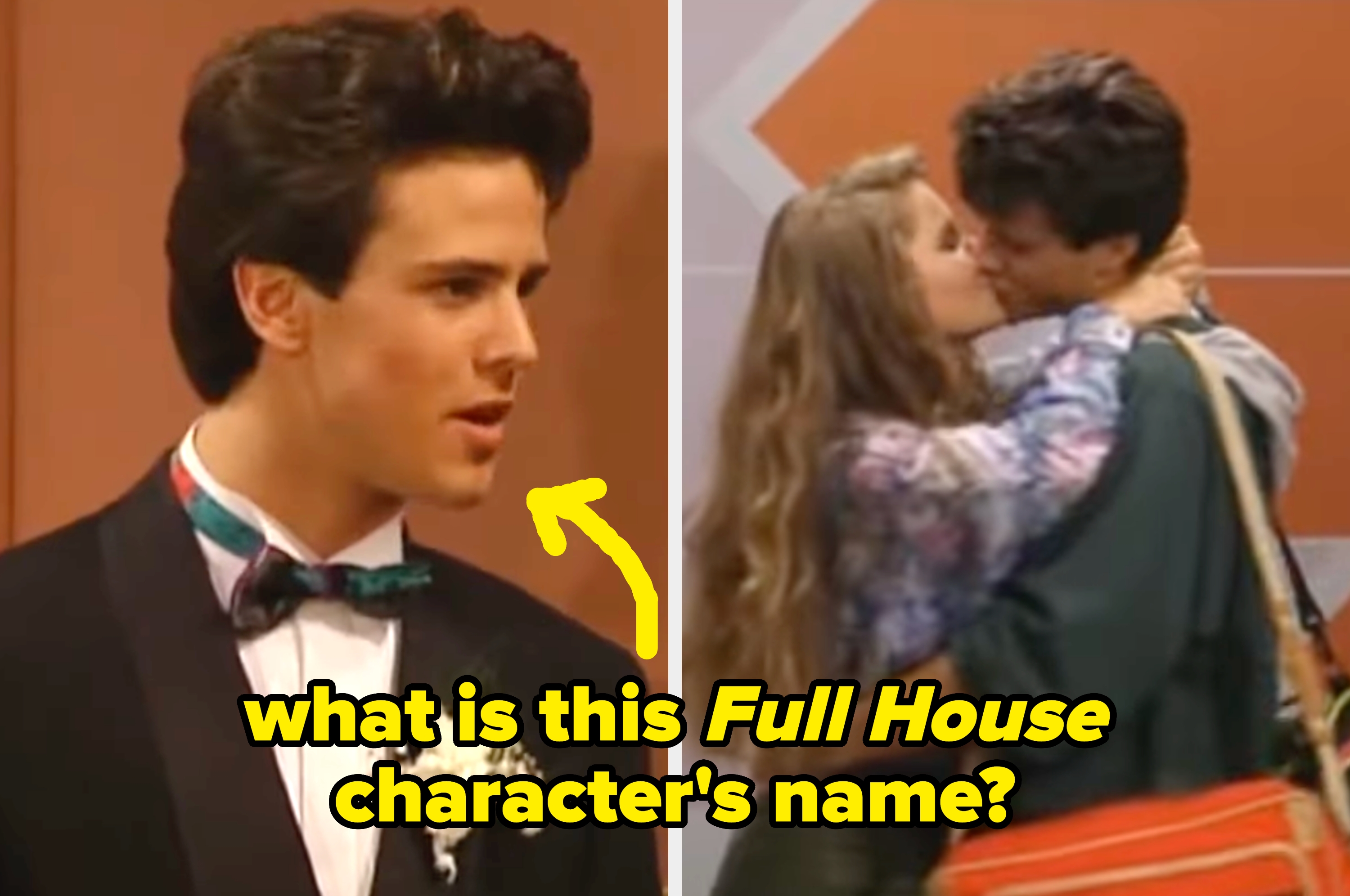 Split image: Left shows a man in a suit with a bow tie and arrow pointing. Right shows a couple in a romantic embrace. Text asks about his name in "Full House."