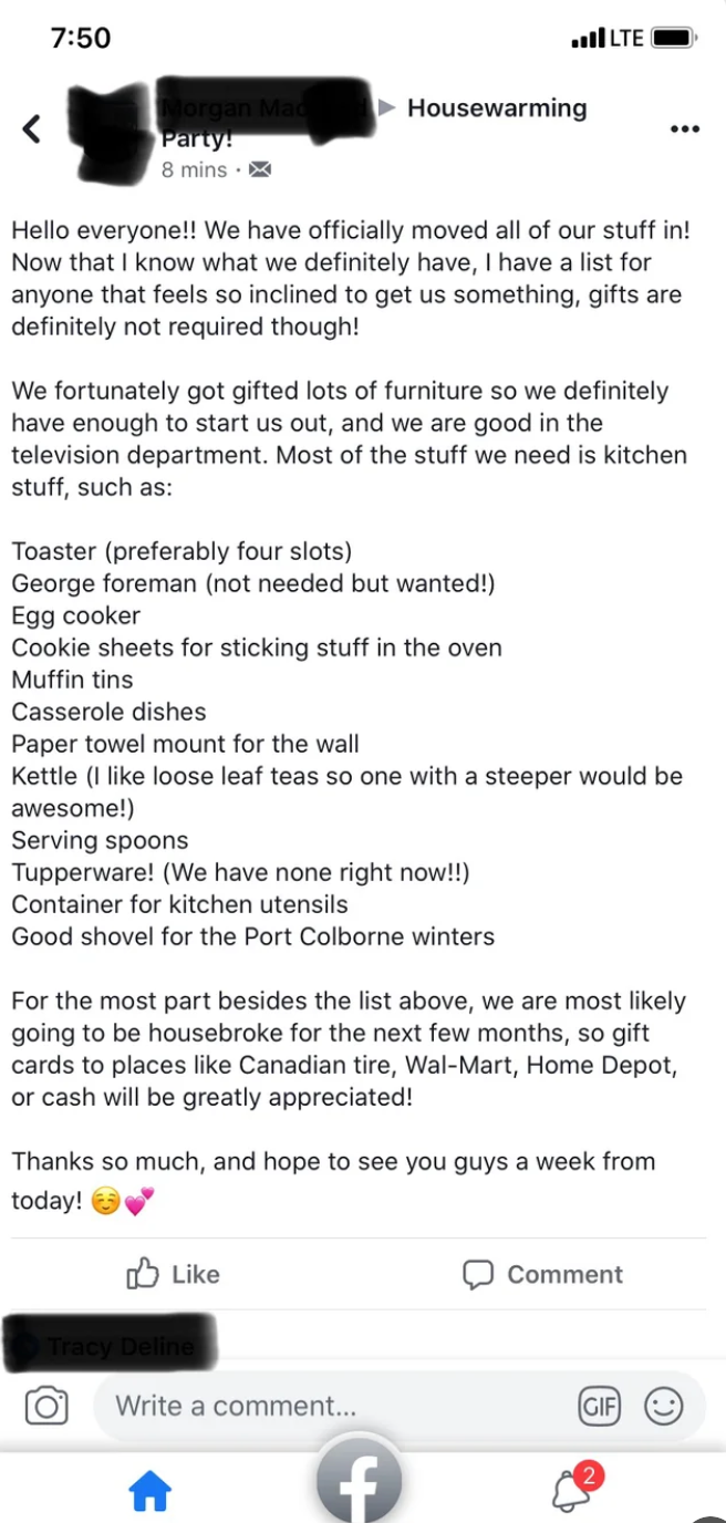 Facebook station for a housewarming enactment with a database of needed room items similar toaster, dishes, and serving spoons. Event is successful a week