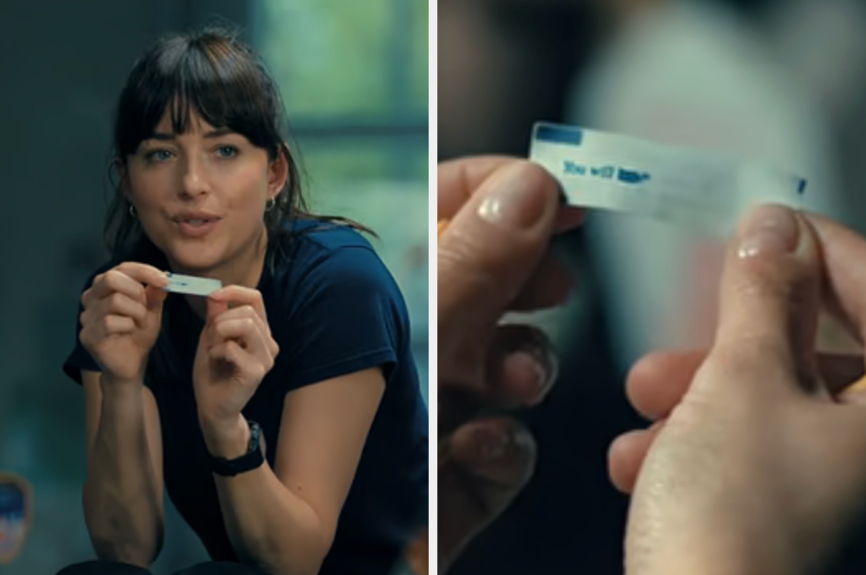 A person holds a fortune cookie slip with tiny text, while another image shows a woman in casual clothing engaging in conversation