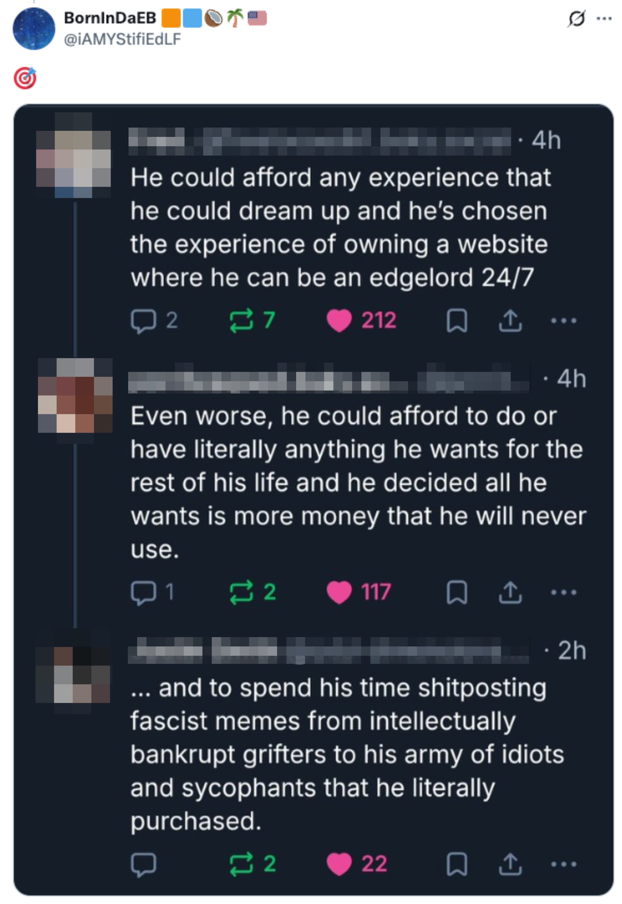 Social media post with comments discussing someone's ability to afford any experience or purchase anything they want, highlighting wealth