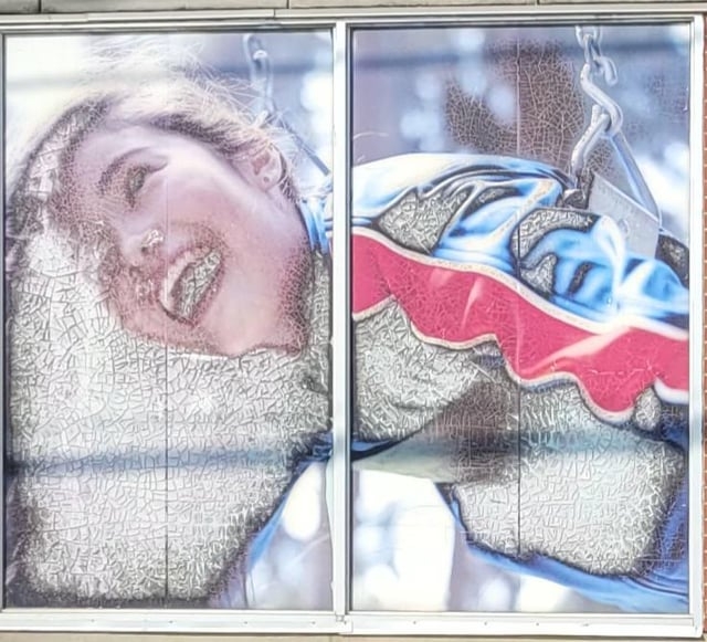 Person smiling portion    connected  a plaything  ride, seen done  a cracked solid  window