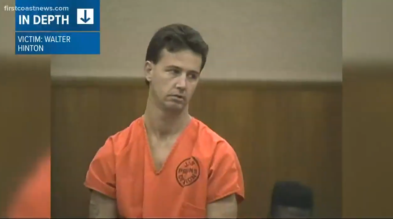 Person in a courtroom wearing an orange jumpsuit. Text in the image reads: "IN DEPTH" and "VICTIM: WALTER HINTON."
