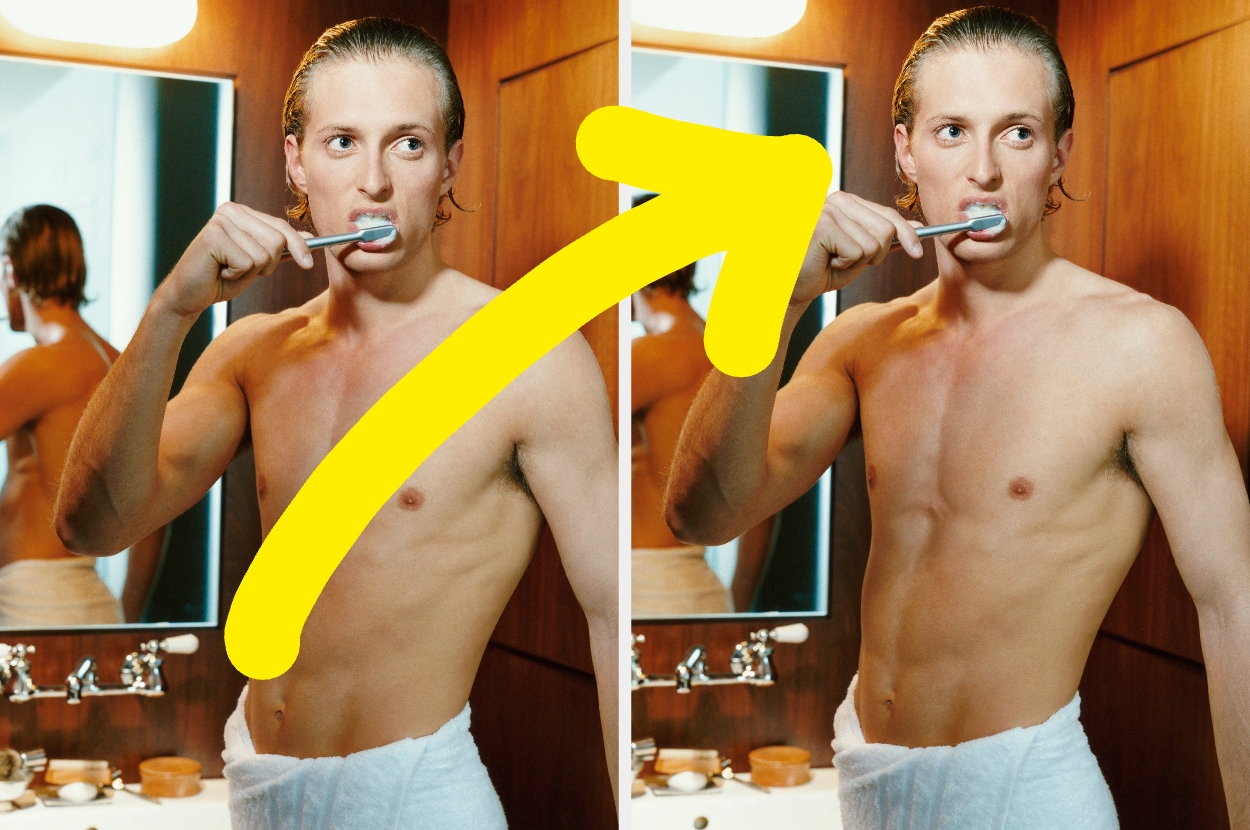 Person brushing teeth in a bathroom, wearing a towel, with a large yellow arrow pointing to the right side