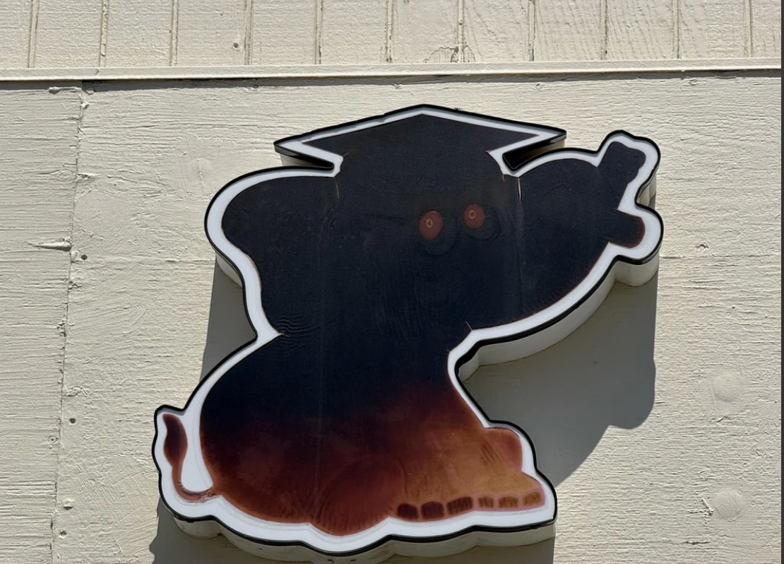 Silhouette of an abstract elephant quality  with a graduation cap, mounted against a plain partition  background