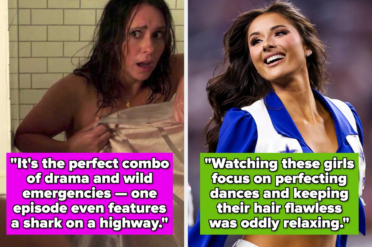 A woman looks surprised in a shower scene. Text reads: "It's the perfect combo of cast drama and wild, over-the-top emergencies — one episode even features a shark on a highway."