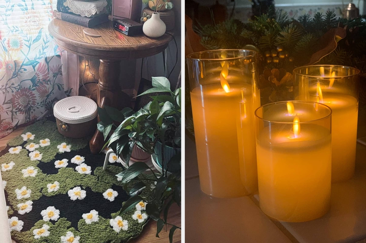 Cozy decor: a floral rug beside a table with plants and candles, creating a warm and inviting atmosphere