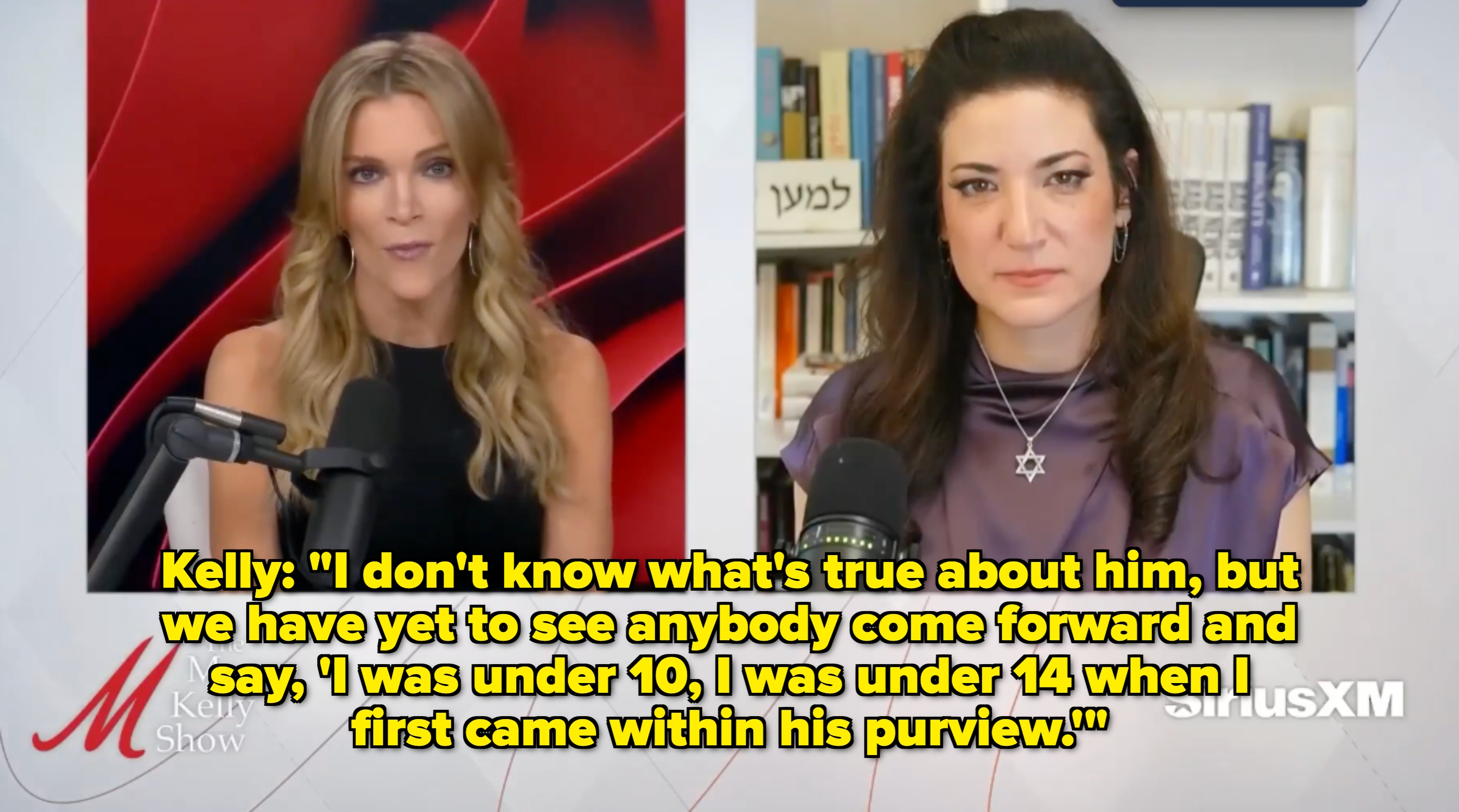 Two women are speaking to each other virtually on &quot;The Megyn Kelly Show.&quot; Both have microphones; one is wearing a black top, and the other has a star necklace