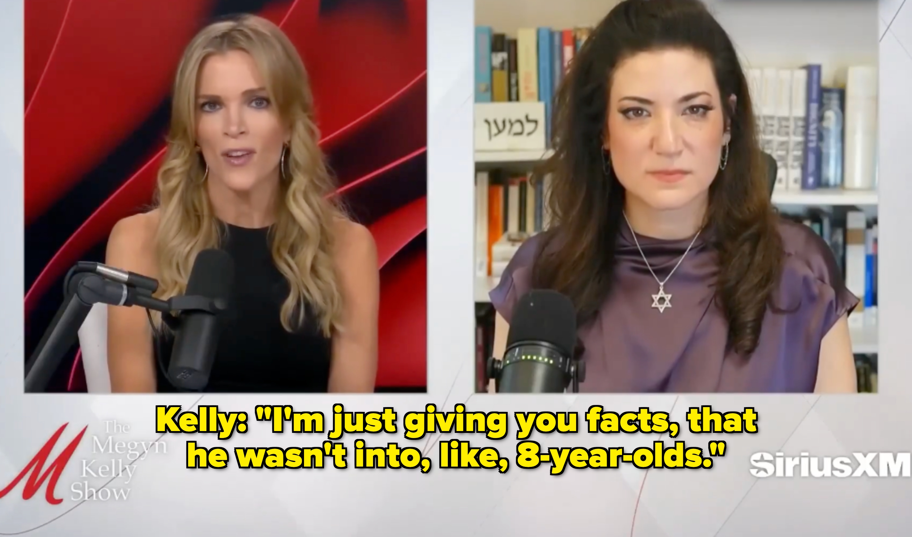 Two women during a SiriusXM interview on &quot;The Megyn Kelly Show.&quot; The host wears a sleeveless outfit; the guest wears a Star of David necklace