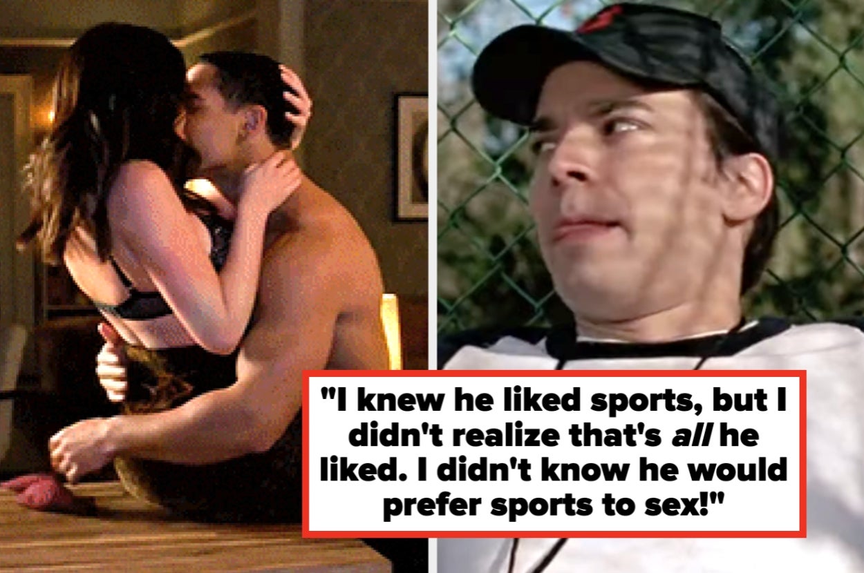 Split image: Left shows a couple kissing; right shows a man in a cap behind a chain-link fence. Caption: "I knew he liked sports, but..."