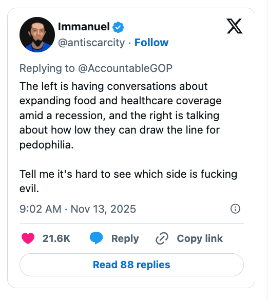 Tweet by @antiscarcity discussing political perspectives on food, healthcare, and moral issues, questioning which side is morally wrong
