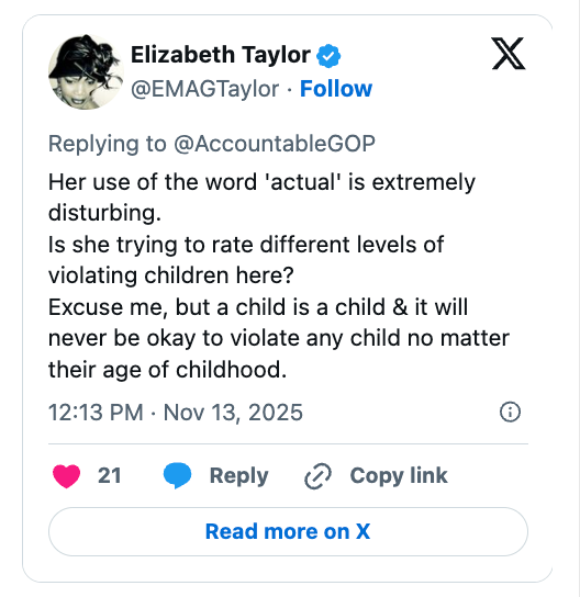 Social media post criticizing the use of the word &quot;actual&quot; in context with child violation, highlighting the inappropriateness and calling for universal protection