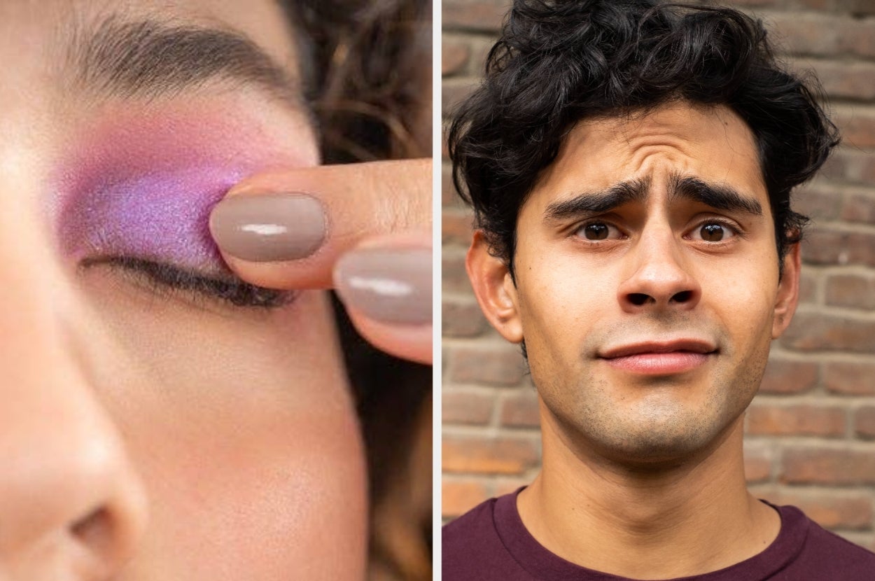 Close-up split image: left shows a person applying eyeshadow; right shows a person with a confused expression in front of a brick wall