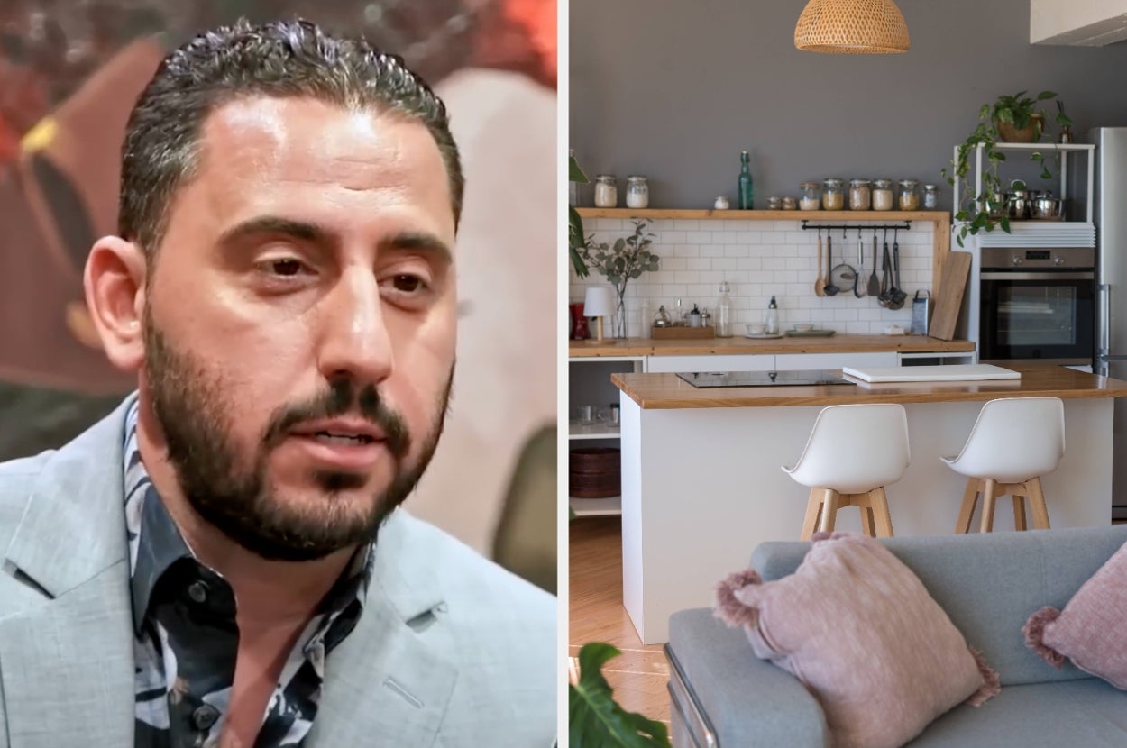 Left: Person speaking in an interview setting. Right: Stylish modern kitchen with a cozy living area, featuring a wooden countertop and matching decor