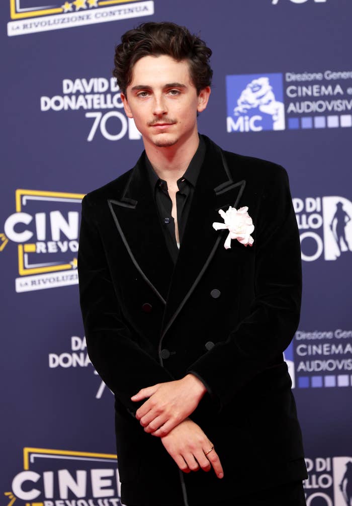 Person successful  a achromatic  velvet suit   with a achromatic  angiosperm  connected  the lapel, attends a movie  grant  lawsuit   successful  beforehand   of a backdrop with logos and text