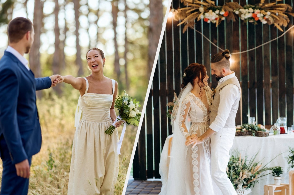 Two wedding scenes: Left, a bride in a simple dress holding a bouquet smiles at a groom. Right, a couple dances; the bride wears lace, the groom in a vest