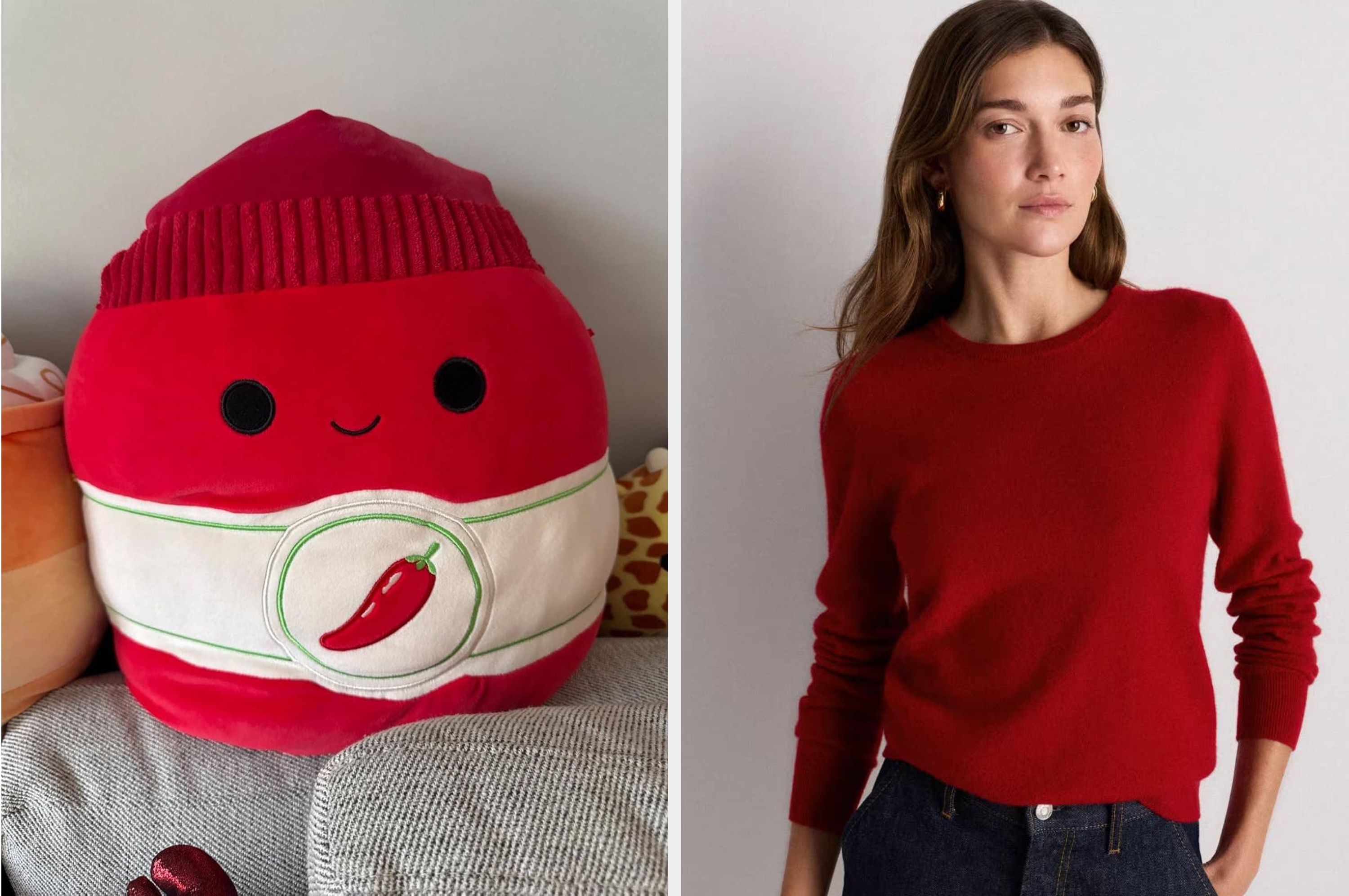 Hot sauce bottle-shaped pillow on leopard print fabric; woman stands in a simple red sweater and jeans