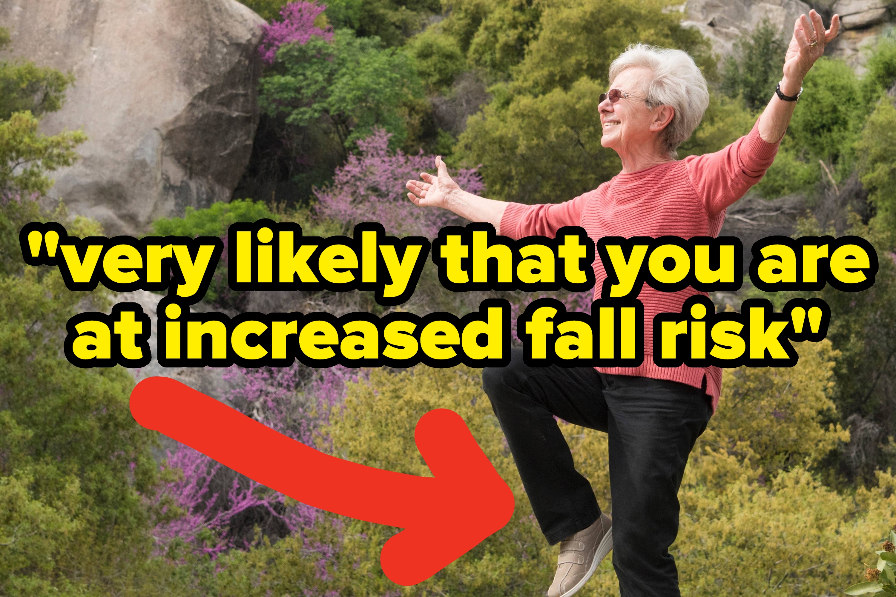 A smiling person poses energetically. Text: "Very likely that you are at increased fall risk." Bright arrow points to colorful socks