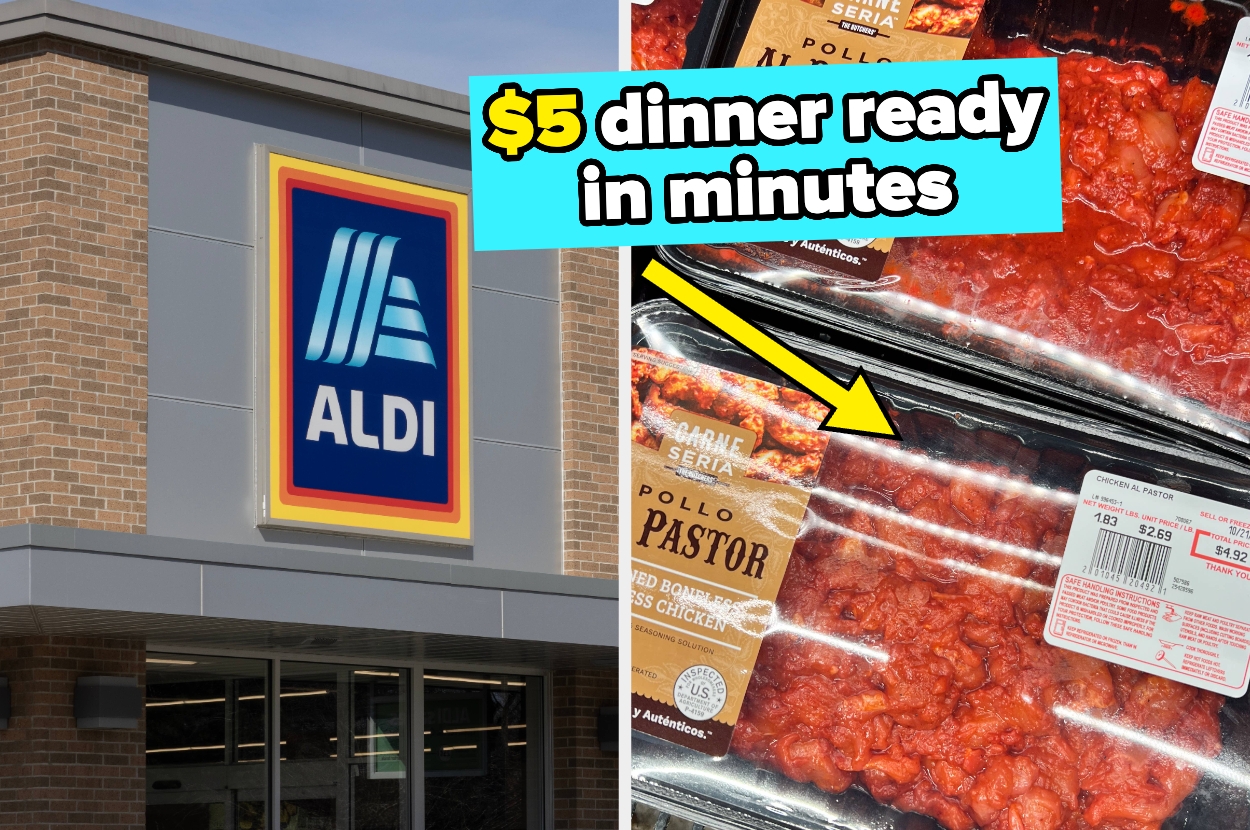 Aldi store exterior and package of marinated Pollo Pastor with text: "$5 dinner ready in minutes."