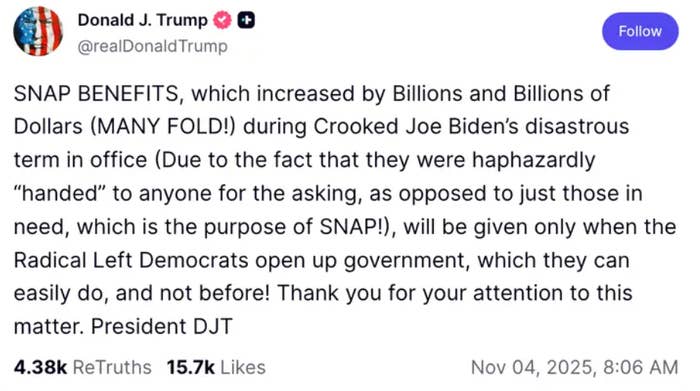 Post by Donald Trump criticizing SNAP benefits absorption   during Biden&#x27;s term, calling Democrats &quot;Radical Left&quot; and ending with &quot;Thank you for your attention.&quot;