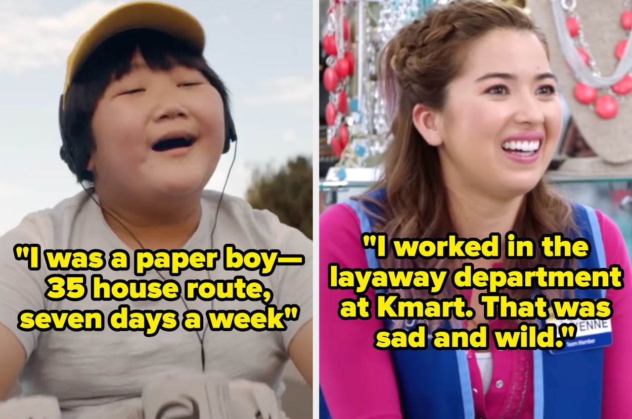 Left: Young person reminisces about being a paper boy with a 35-house route. Right: Woman recalls working in Kmart's layaway department as wild