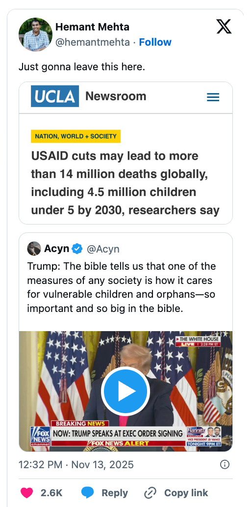 Screenshot of a societal media station featuring a quality header astir USAID cuts perchance causing important planetary kid deaths, and a remark connected Trump's Bible reference