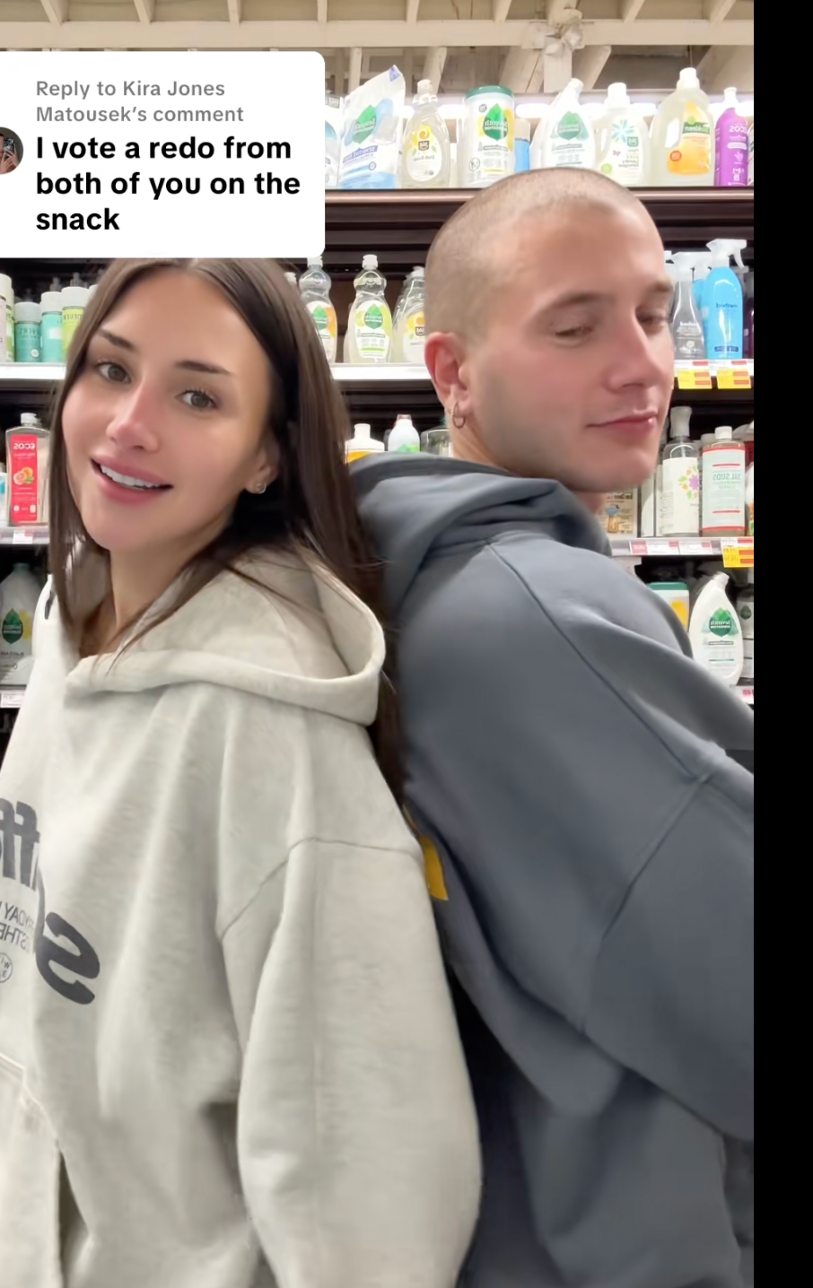 Two radical   successful  hoodies basal   back-to-back successful  a store   aisle, smiling. A remark  supra  reads, &quot;I ballot  a redo from some  of you connected  the snack.&quot;