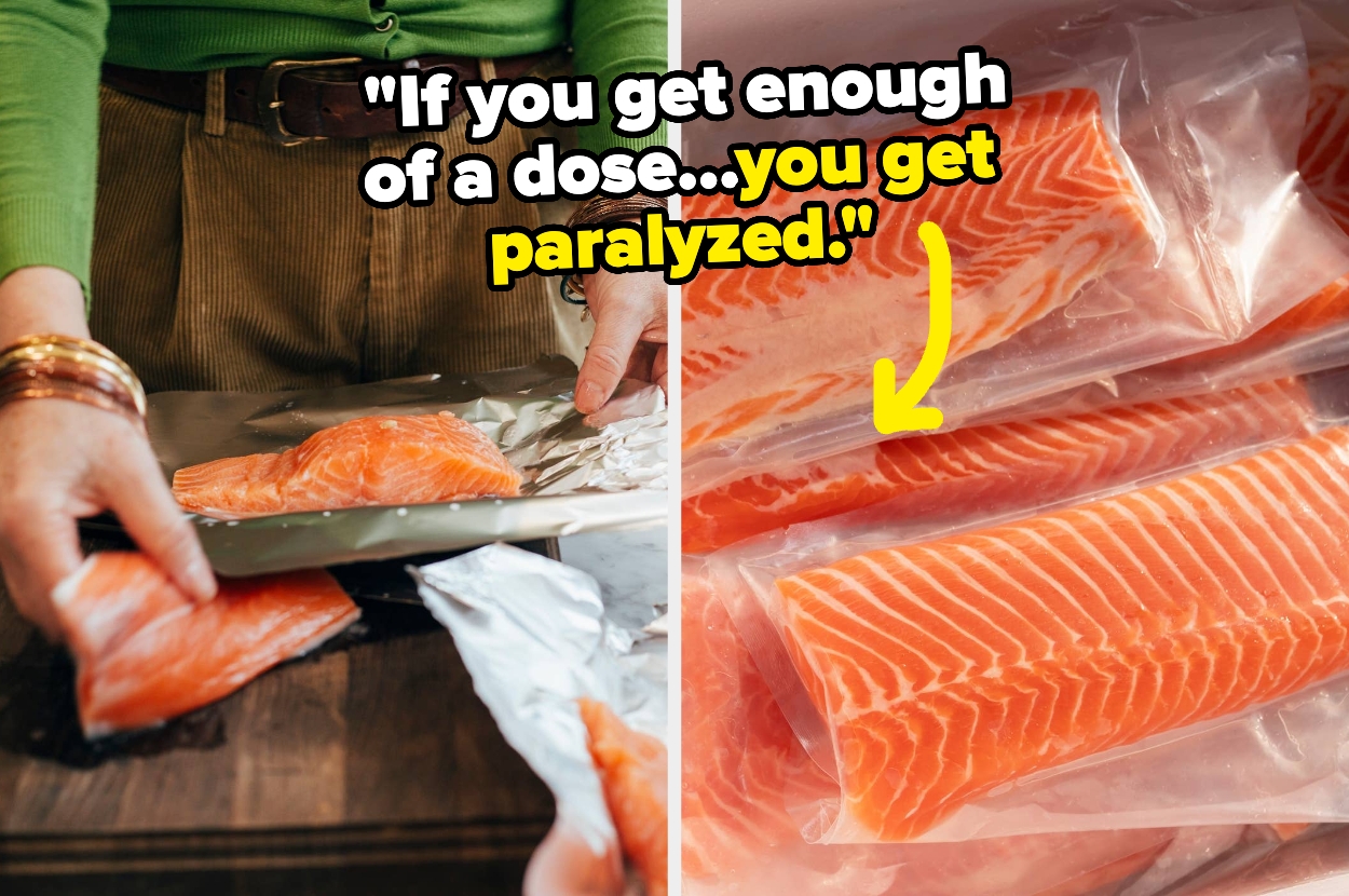 Two images of salmon: one being wrapped in foil, the other vacuum-sealed, with a quote about paralysis from salmon