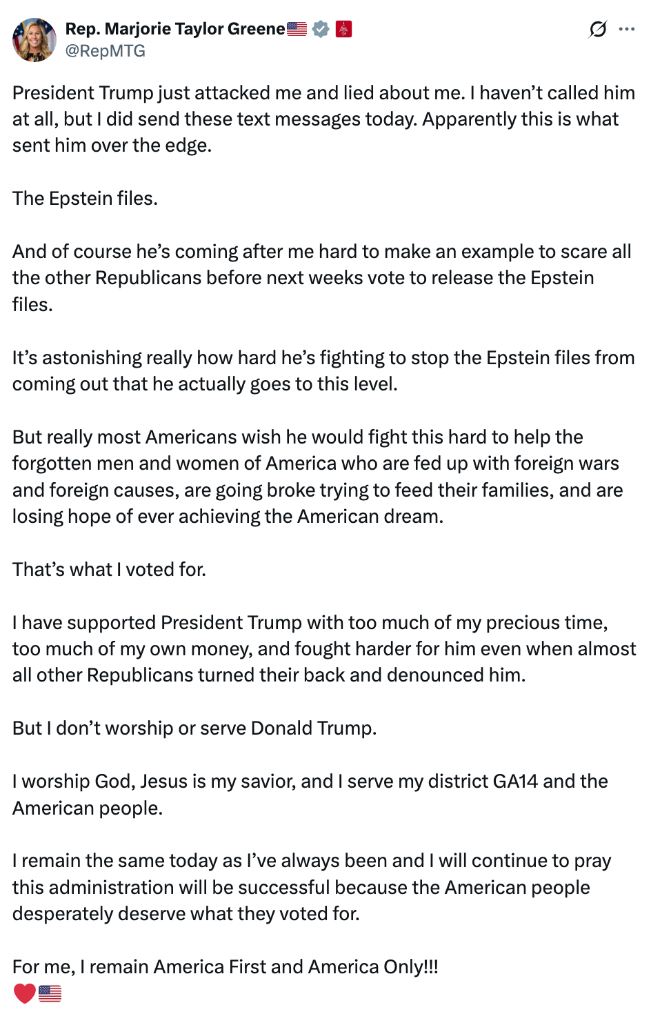  The connection   is from a U.S. Representative discussing idiosyncratic   attacks from President Trump, enactment    for American interests, and allegiance to God and America
