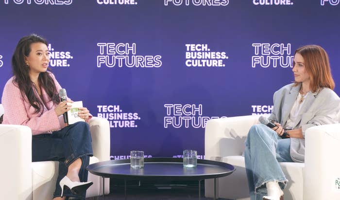 Two individuals seated connected  signifier    astatine  a &quot;Tech Futures&quot; event, holding microphones and engaging successful  conversation