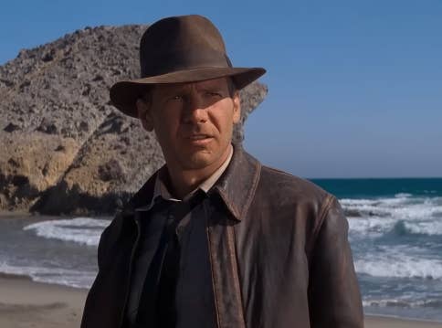 A person wearing a fedora and leather jacket stands on a beach, facing the camera with a rocky cliff in the background