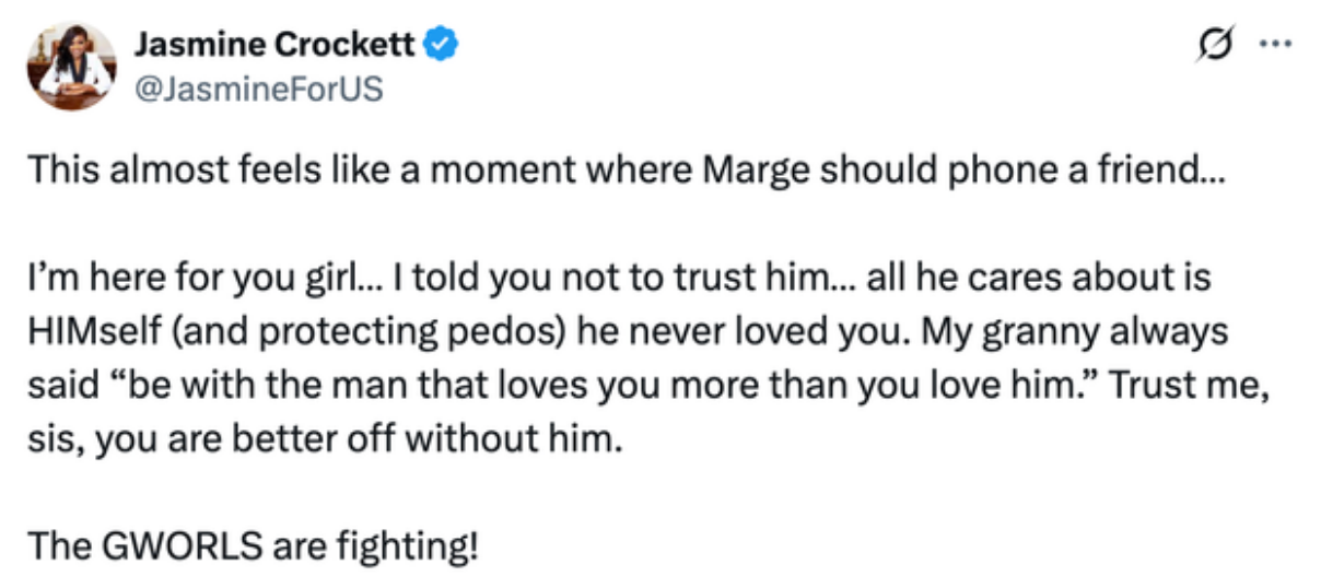Tweet by Jasmine Crockett discussing trust issues, advice from her grandmother, and a situation involving Marge. Mentions &quot;The GWORLS are fighting!&quot;