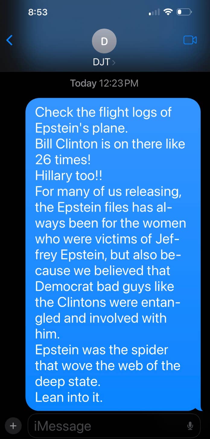 Text conversation referencing Epstein&#x27;s flight logs, mentioning Bill Clinton and Hillary, and discussing conspiracy theories about the deep state